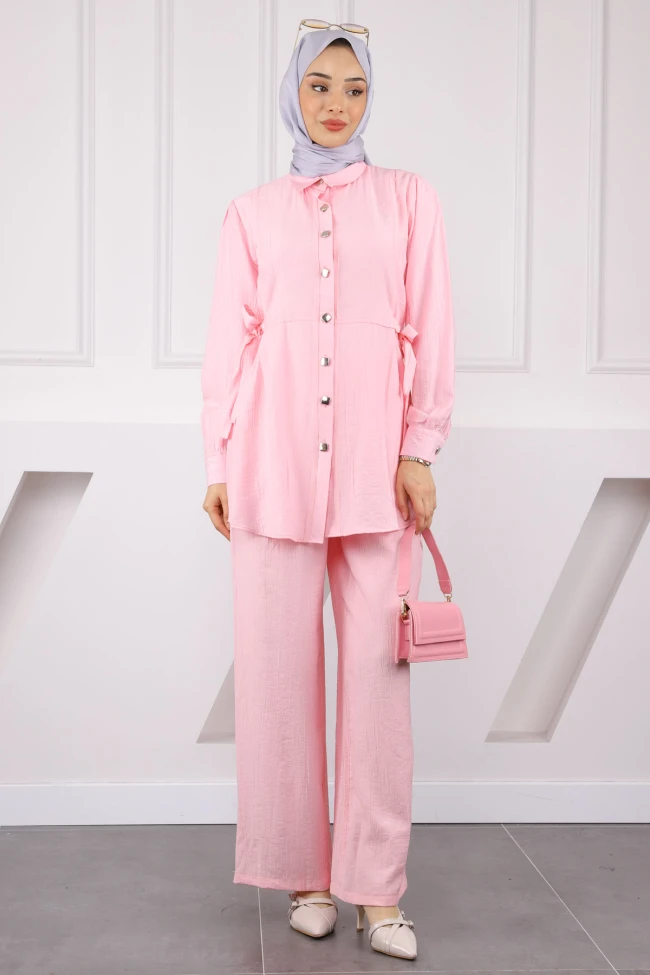 Pembe Bel Bağlamalı Tunik Pantolonlu Takım