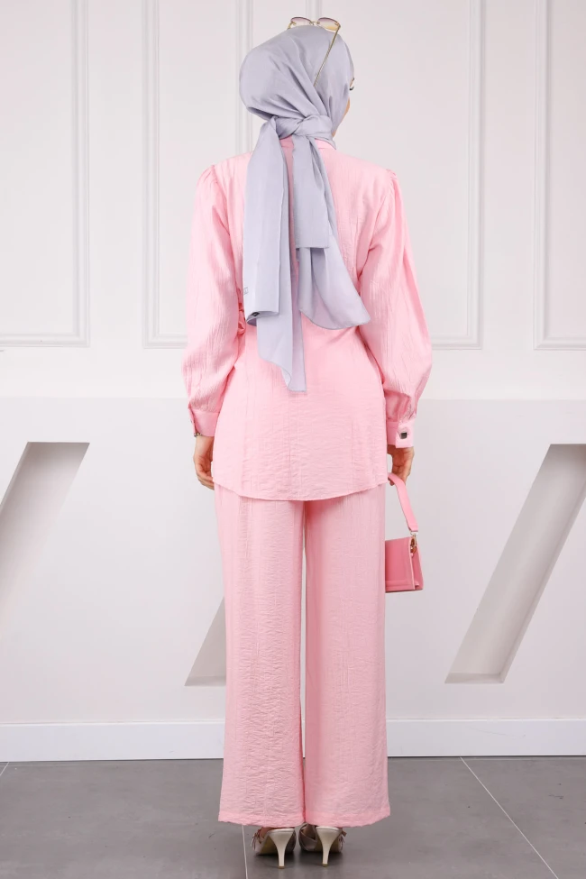 Pembe Bel Bağlamalı Tunik Pantolonlu Takım