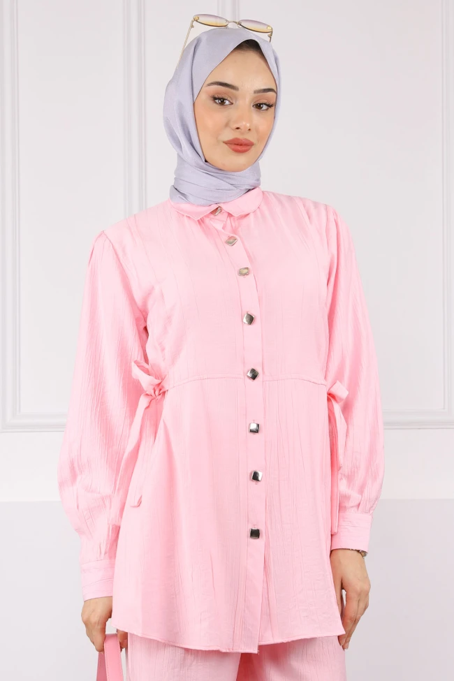 Pembe Bel Bağlamalı Tunik Pantolonlu Takım