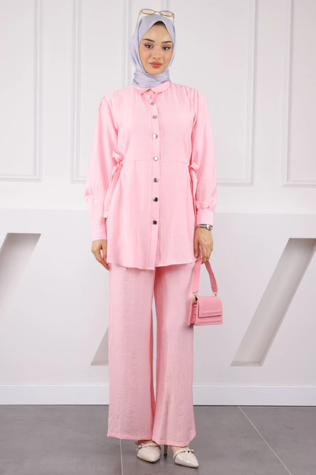 Pembe Bel Bağlamalı Tunik Pantolonlu Takım