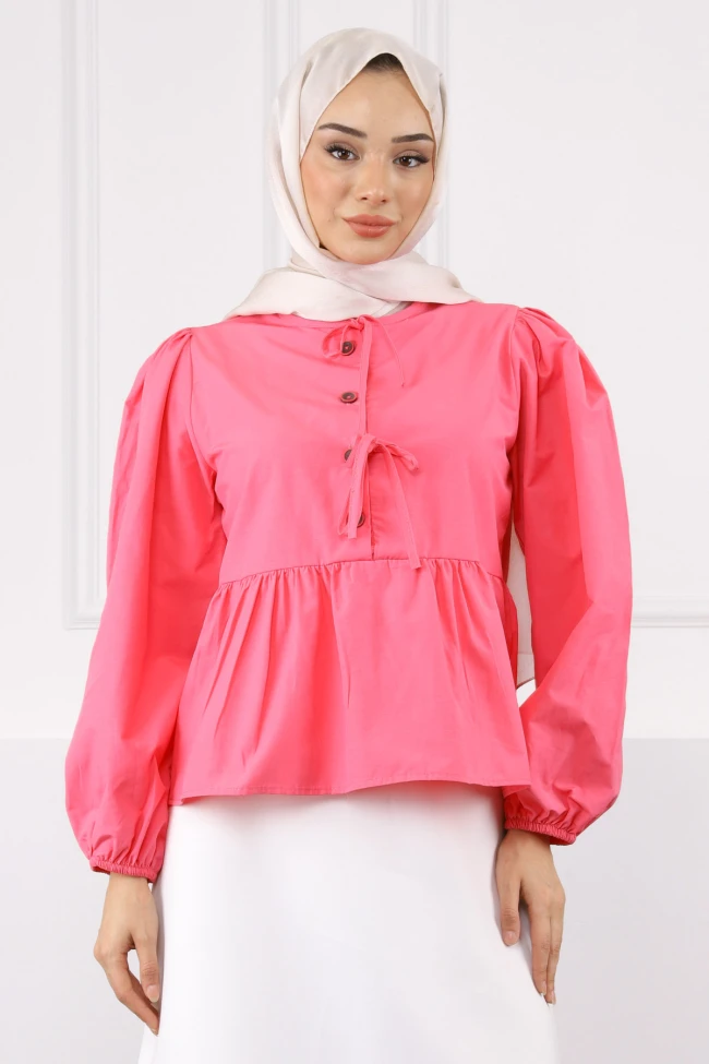 Pembe Kol Lastikli Poplin Gömlek