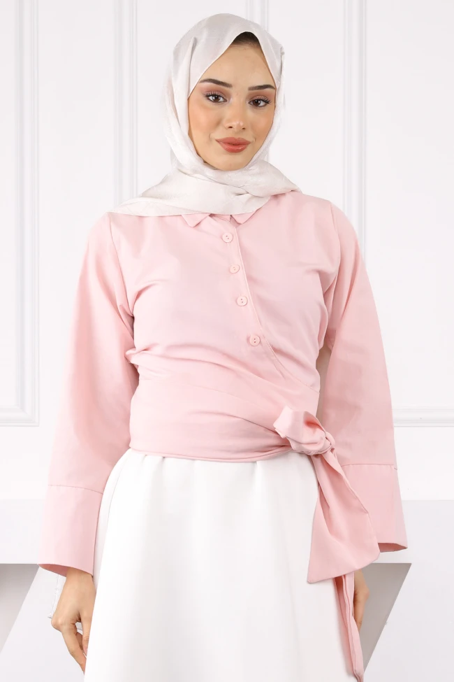 Pudra Bel Bağlamalı Gömlek