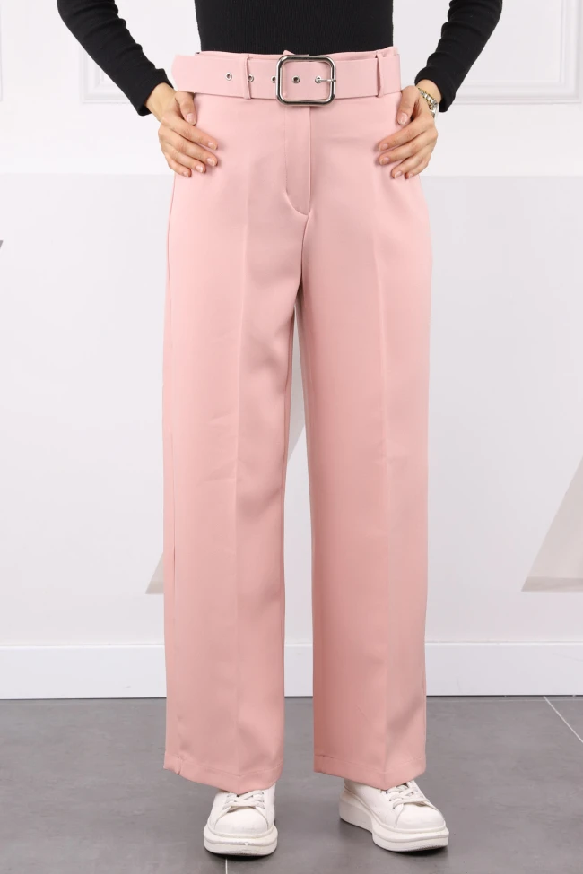 Pudra Bol Paça Kemerli Kumaş Pantolon
