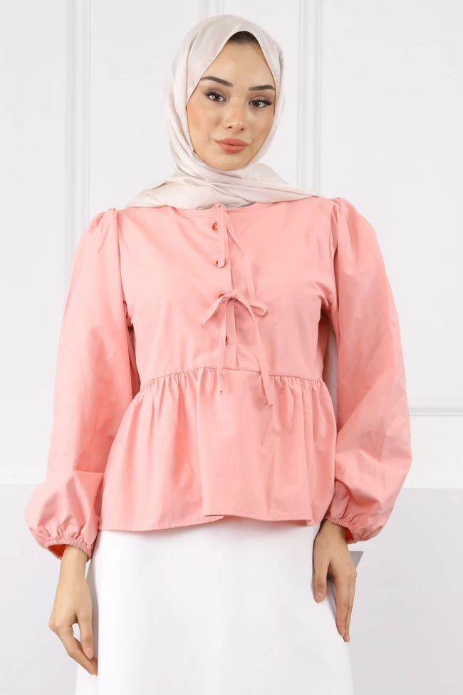 Pudra Kol Lastikli Poplin Gömlek