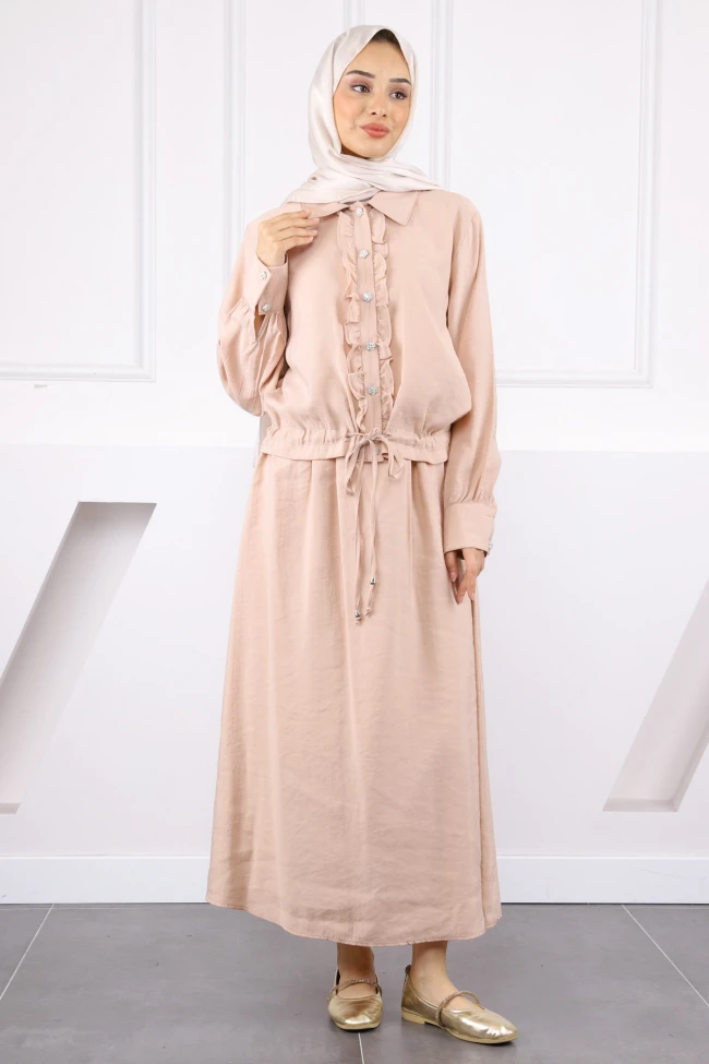 Pudra Önü Fırfırlı Modal Gömlek Etekli Takım