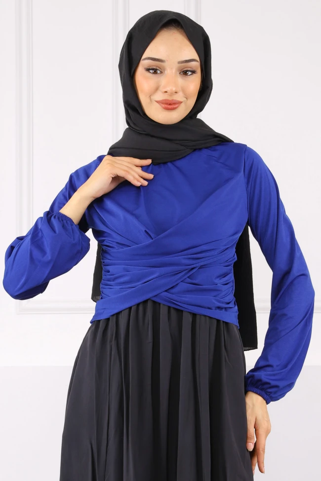 Saks Mavi Çapraz Drape Detaylı Sandy Bluz