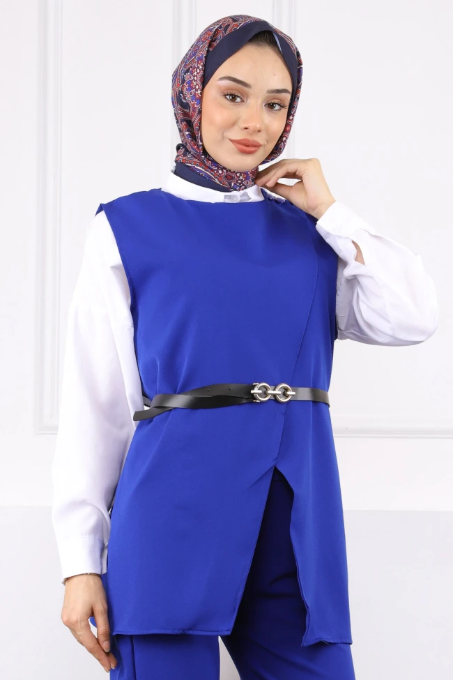 Saks Mavi Omuz Düğmeli Yelek PantolonluTakım