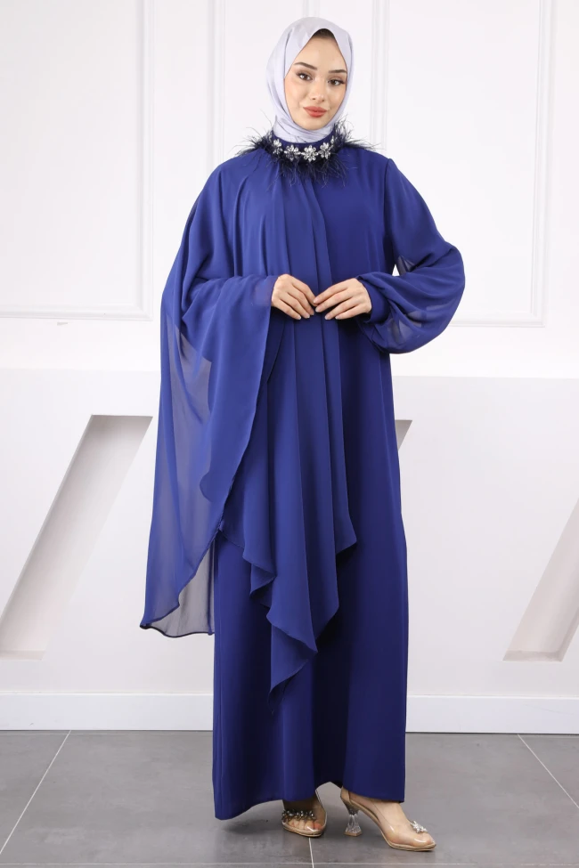 Saks Mavi Yaka Taş Büyük Beden Detaylı Abiye