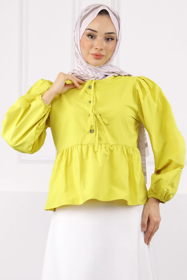 Sarı Kol Lastikli Poplin Gömlek