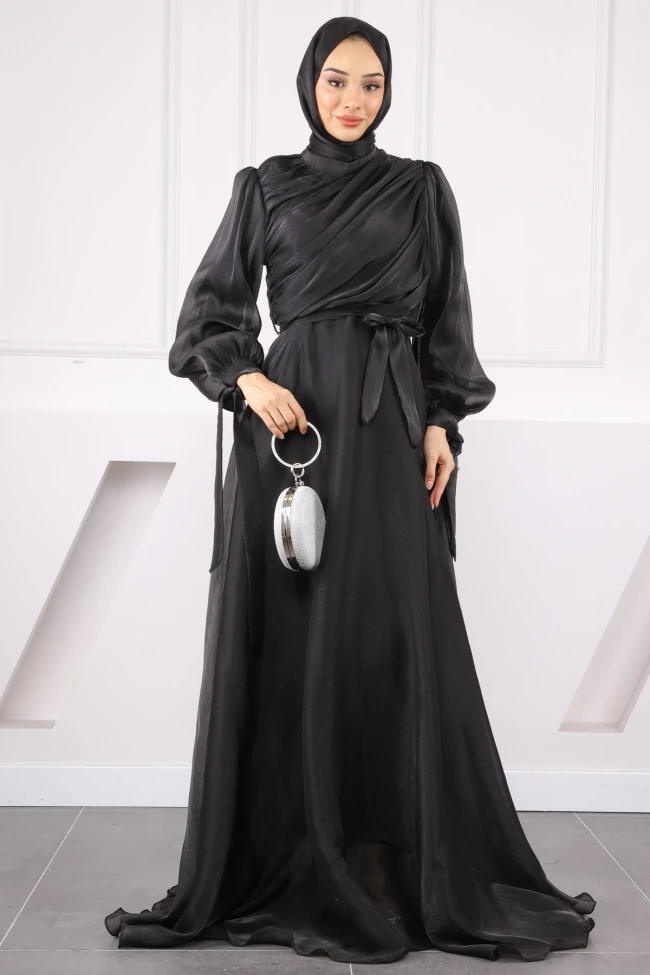 Siyah Balon Kol Önü Drapeli Şifon Abiye