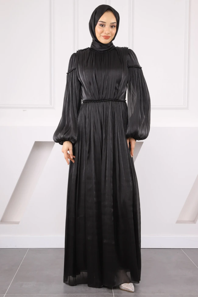 Siyah Balon Kol Piliseli Şifon Abiye