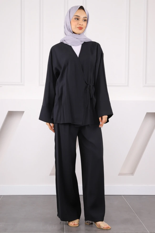 Siyah Bel Bağlamalı Modal Kimono Pantolonlu Takım