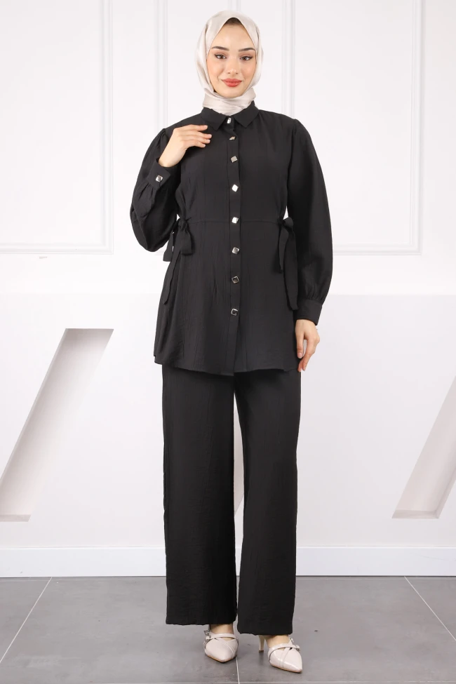 Siyah Bel Bağlamalı Tunik Pantolonlu Takım