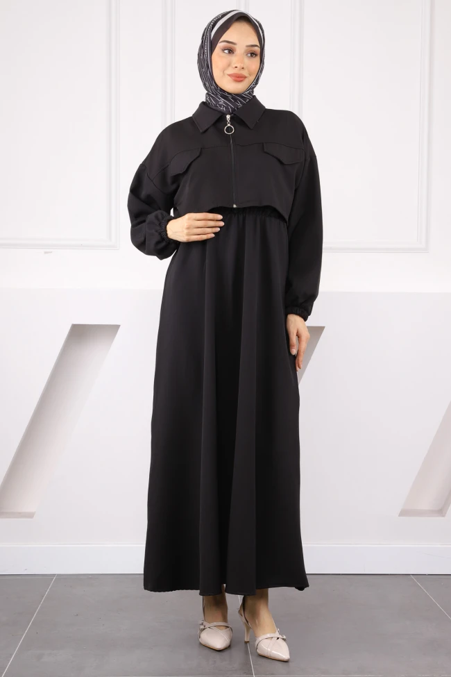 Siyah Ceket Kombinli Bel Lastikli Elbise