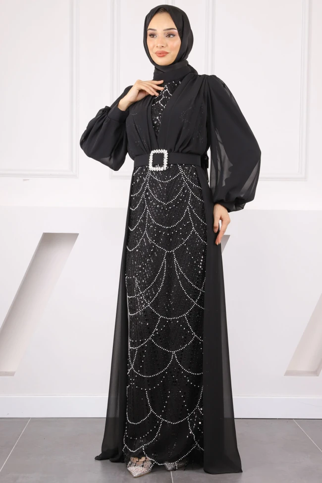 Siyah Boncuklu Şifon Abiye