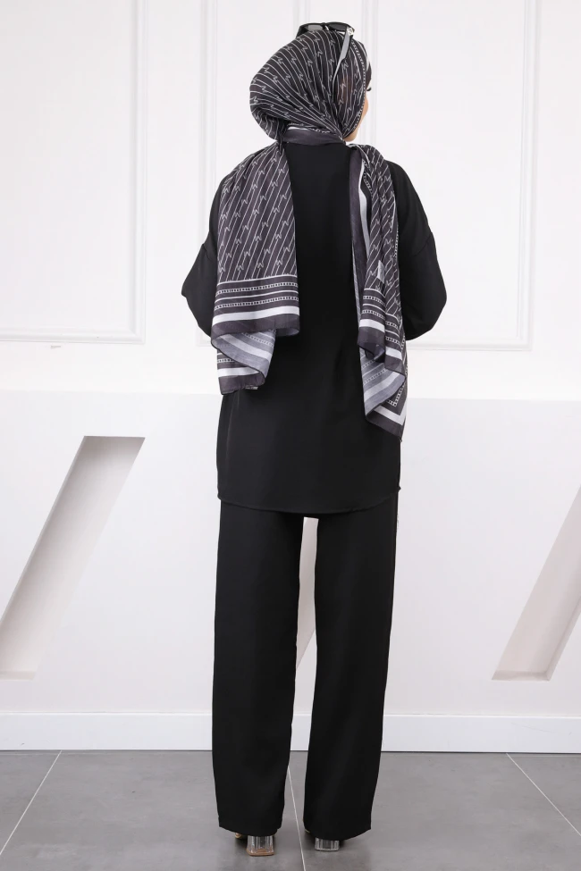 Siyah Çapraz Bağlamalı Keten Kimono Pantolon Takım