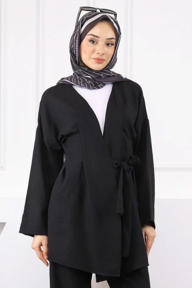 Siyah Çapraz Bağlamalı Keten Kimono Pantolon Takım