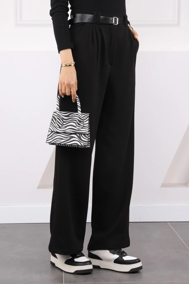 Siyah Çift Pileli Kemerli Likralı Palazzo Pantolon