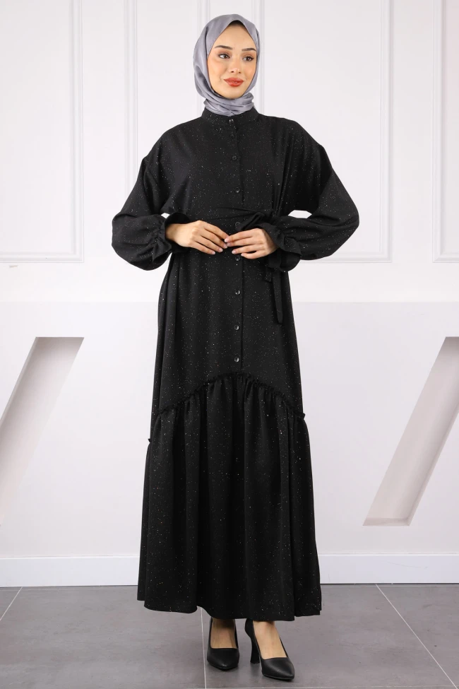 Siyah Eteği Büzgülü Beli Kuşaklı Linda Elbise