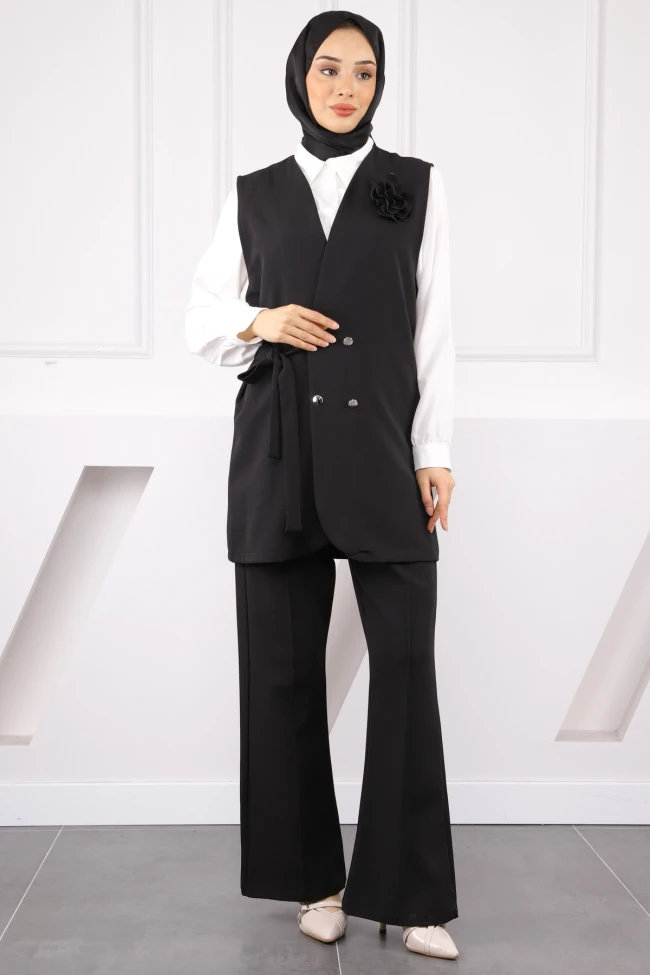 Siyah Gömlek Yelek Pantolonlu Kombin Takım