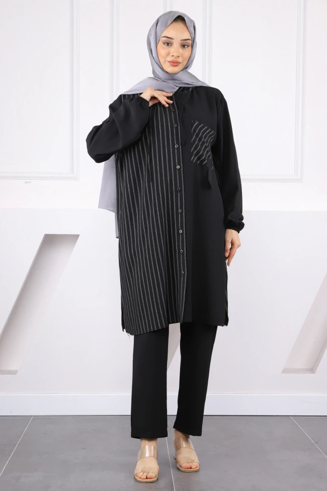 Siyah Kapüşonlu Çizgili Tunik Pantolonlu Takım