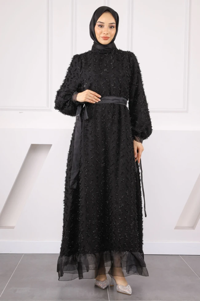 Siyah Kol Bağlamalı Kuşaklı Abiye