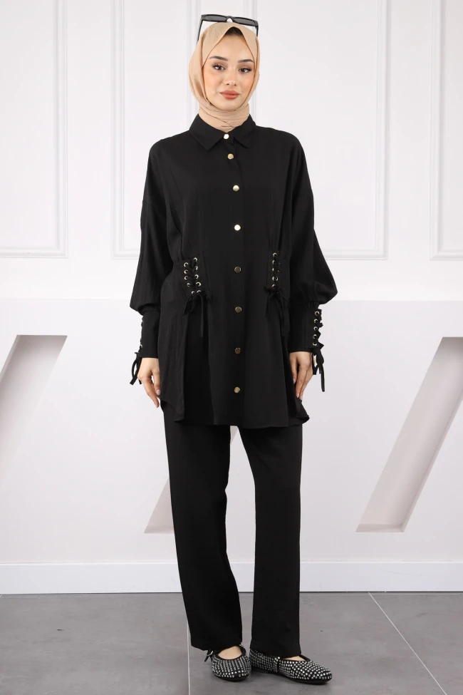 Siyah Kolu Ve Beli Bağcıklı Modal Tunik Pantolonlu Takım
