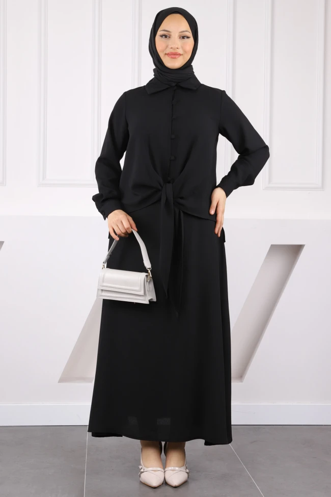 Siyah Ön Bağlamalı Gömlek Etekli Takım