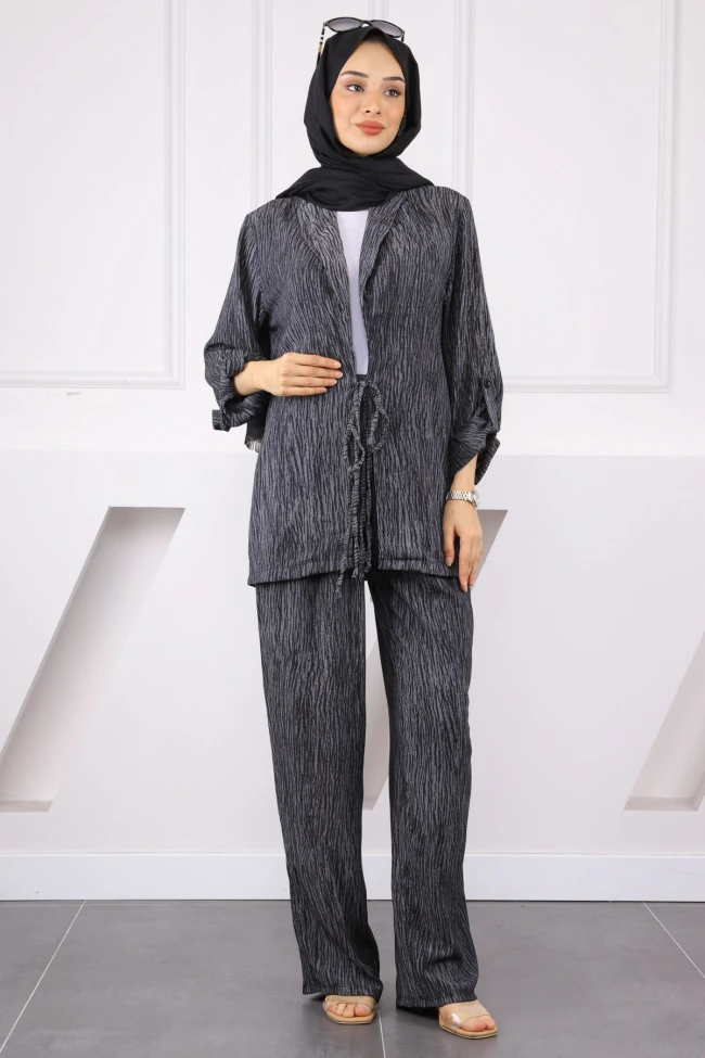 Siyah Ön Bağlamalı Kimono Pantolonlu Takım