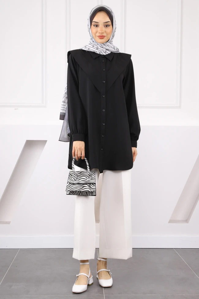 Siyah Ön Detaylı Linda Tunik