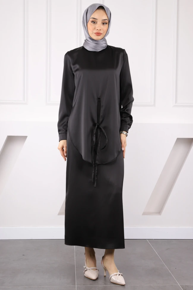 Siyah Önden Bağlamalı Tunik Etekli Saten Takım