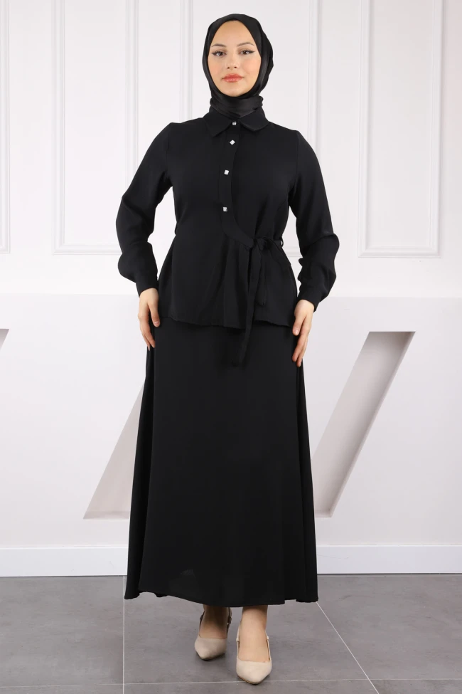 Siyah Önü Taş Detaylı Linda Tunik