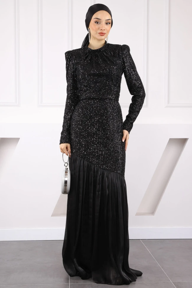 Siyah Payetli Eteği Piliseli Abiye