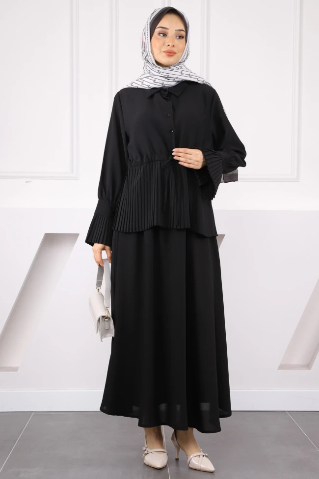 Siyah Piliseli Gömlek Etekli Krep Takım