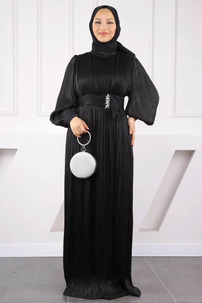 Siyah Piliseli Taşlı Şifon Abiye