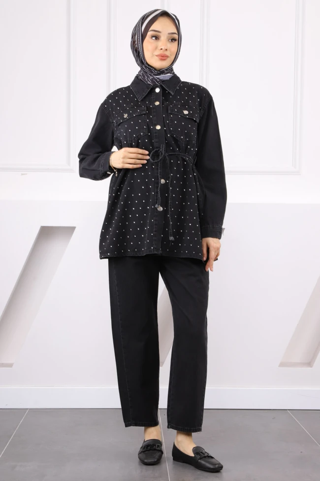 Siyah Taşlı Ceket Pantolonlu Takım