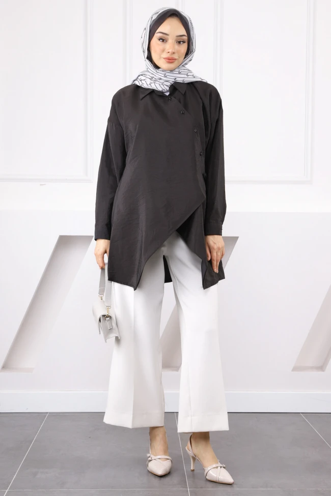 Siyah Yandan Bağlamalı Modal Tunik