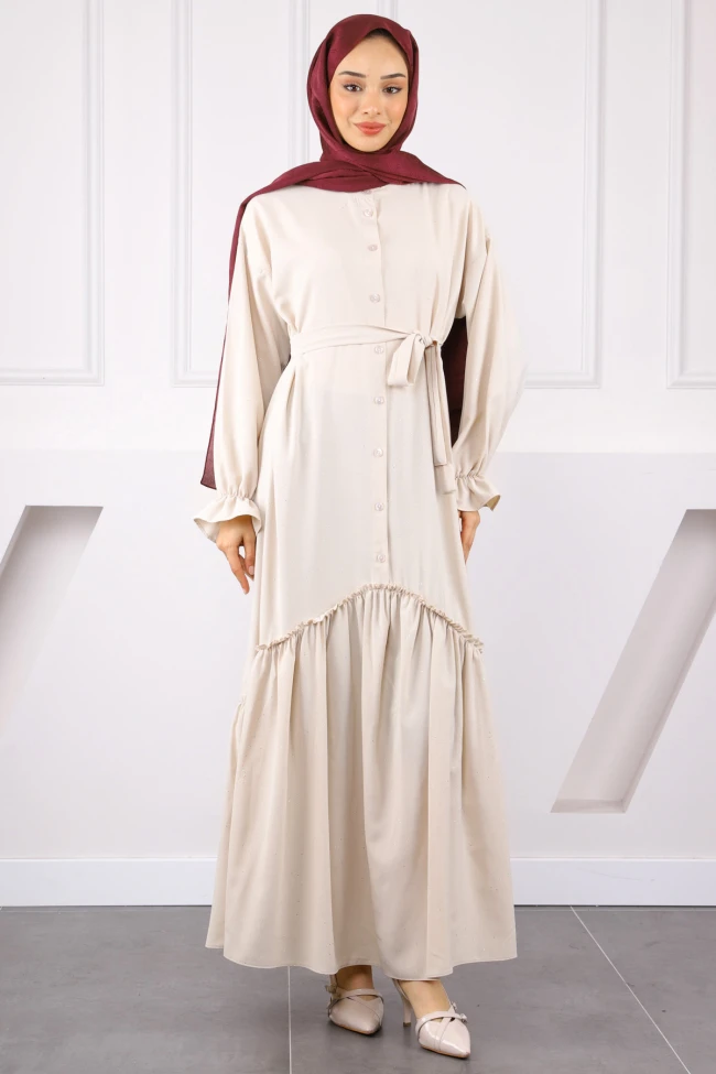 Taş Eteği Büzgülü Beli Kuşaklı Linda Elbise
