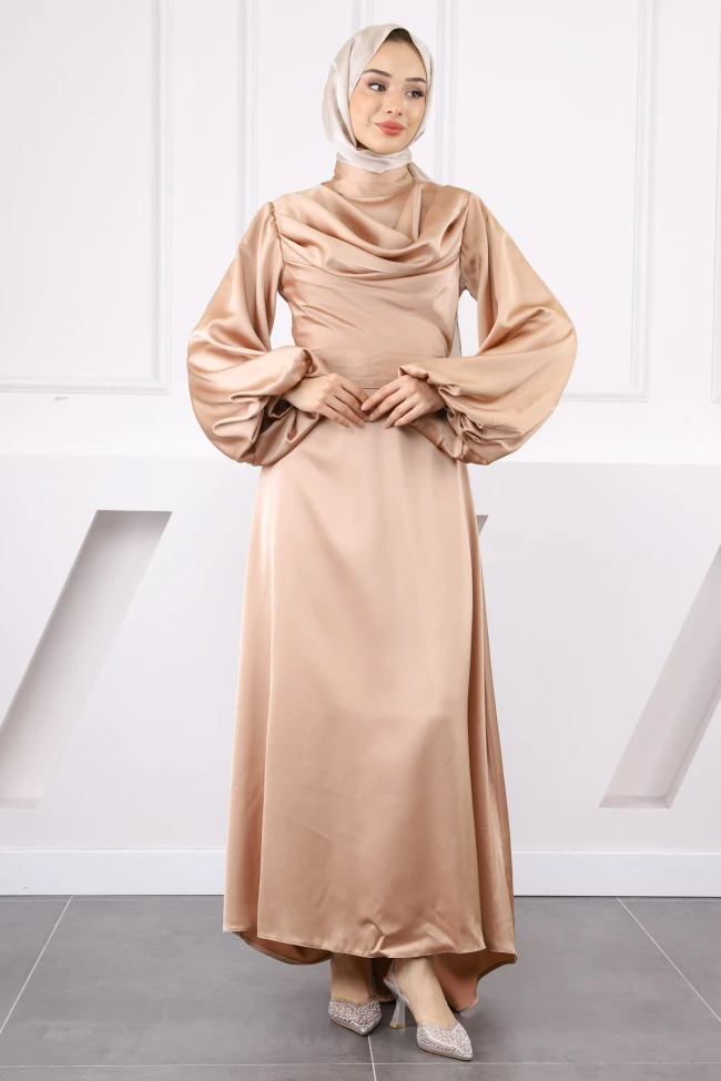 Vizon Balon Kol Saten Elbise