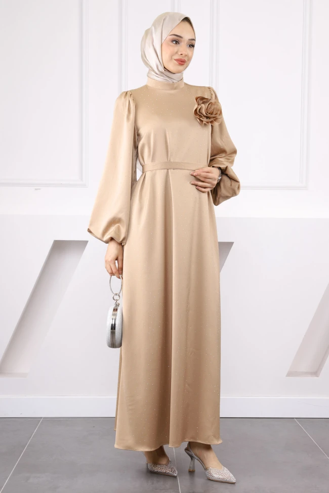 Vizon Balon Kol Taşlı Saten Abiye