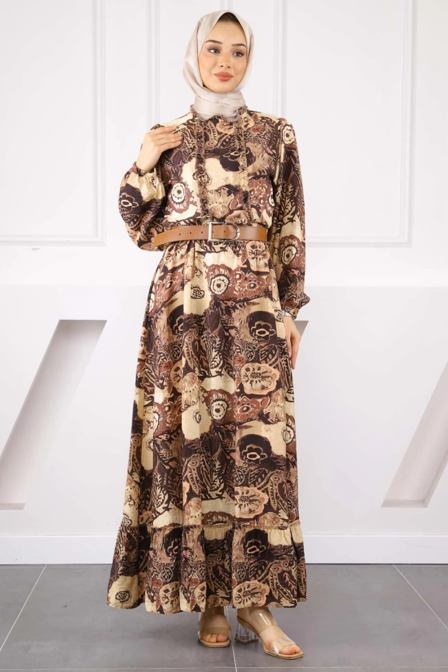 Vizon Bel Kemerli Desenli Elbise