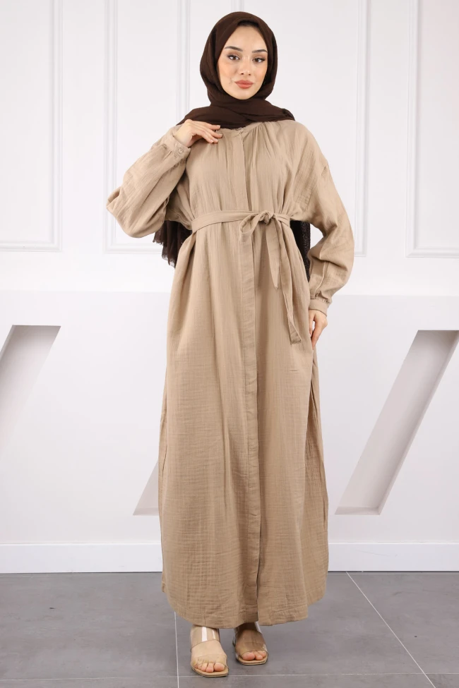 Vizon Bel Kuşaklı Müslin Elbise