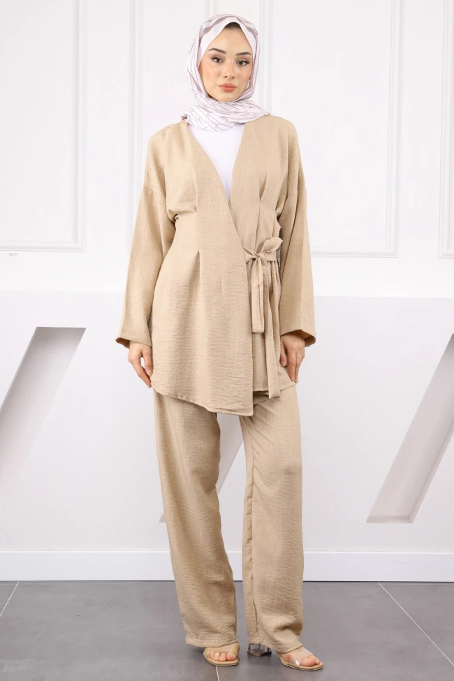 Vizon Çapraz Bağlamalı Keten Kimono Pantolon Takım