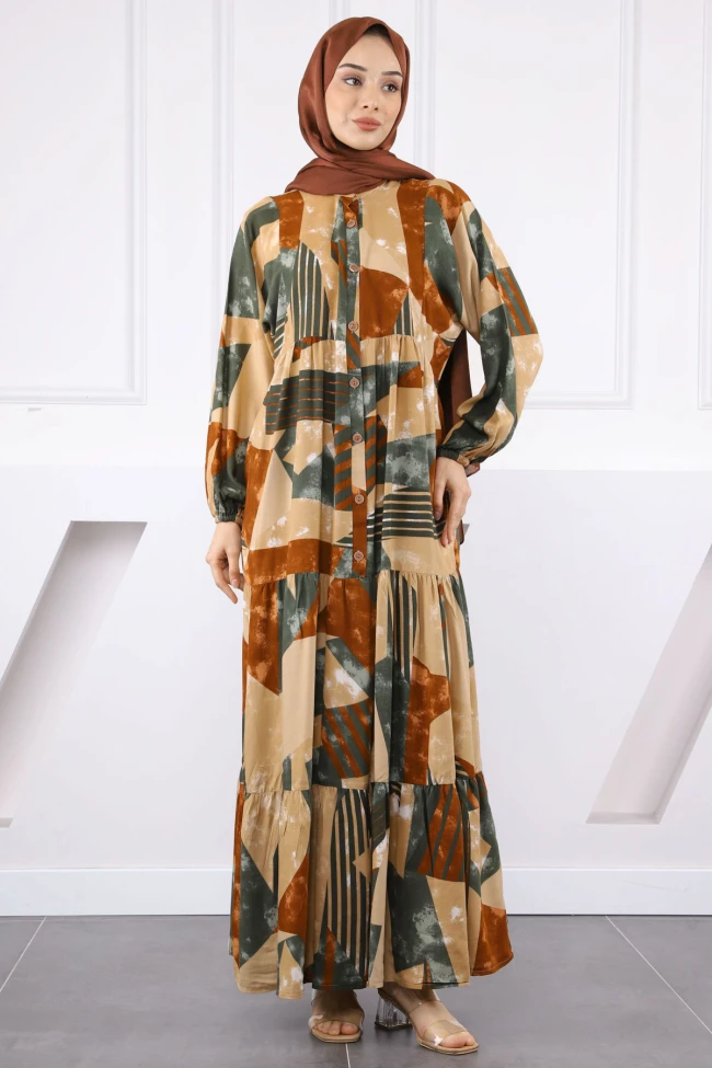 Vizon Yarım Düğmeli Eteği Katlı Elbise