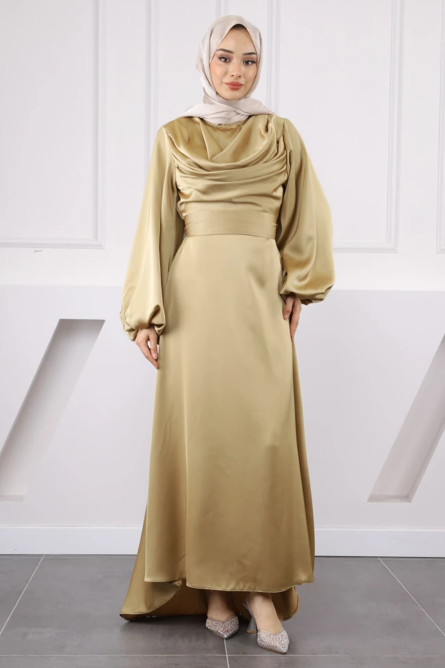 Yağ Yeşili Balon Kol Saten Elbise