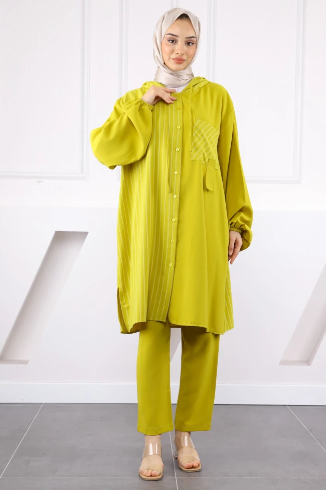 Yağ Yeşili Kapüşonlu Çizgili Tunik Pantolonlu Takım