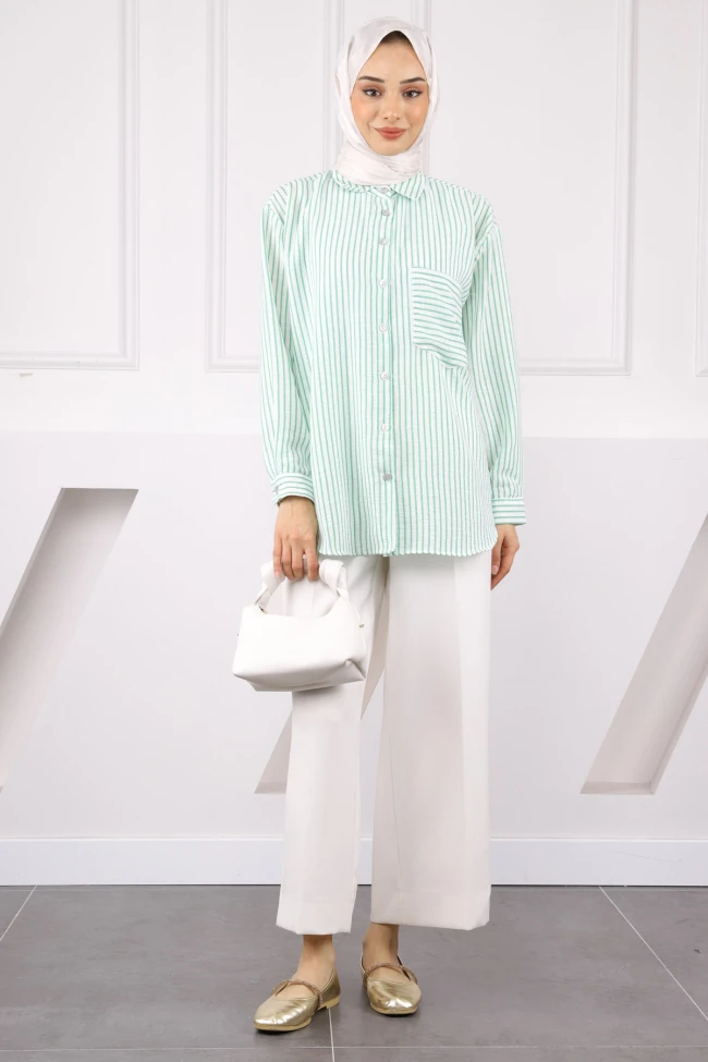 Yeşil Tek Cepli Çizgili Gömlek