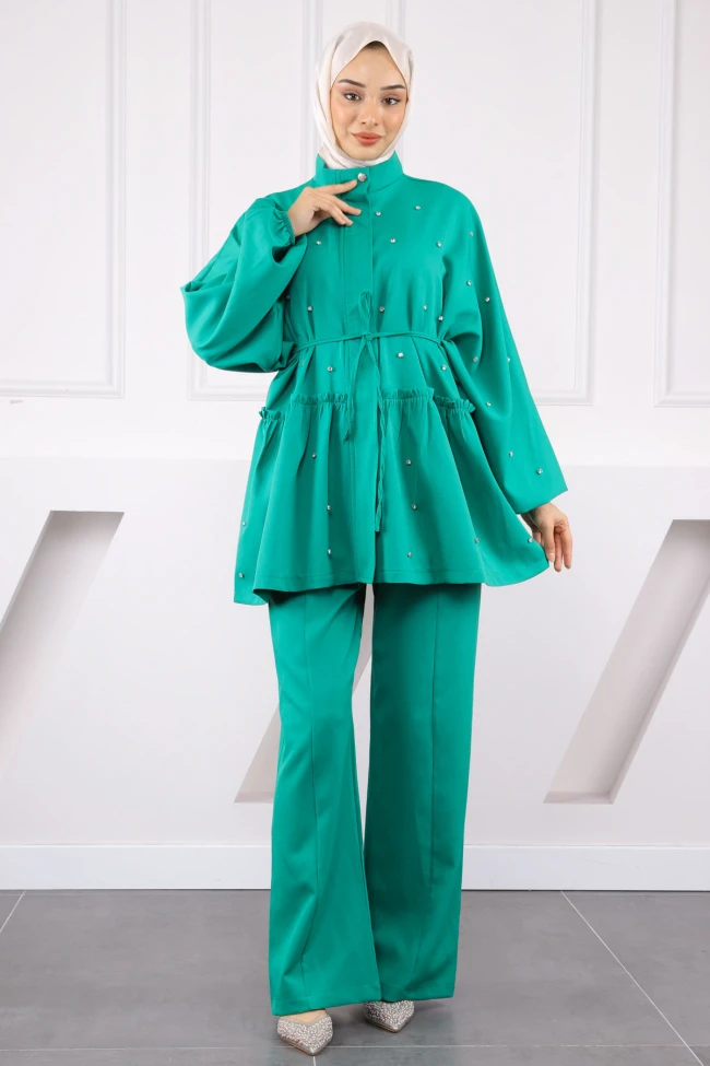 Yeşil Yarasa Kol Dabıl Tunik Pantolonlu Takım