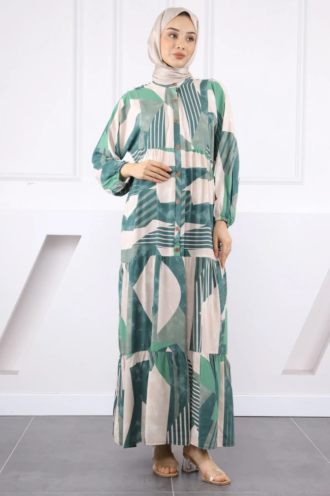 Yeşil Yarım Düğmeli Eteği Katlı Elbise