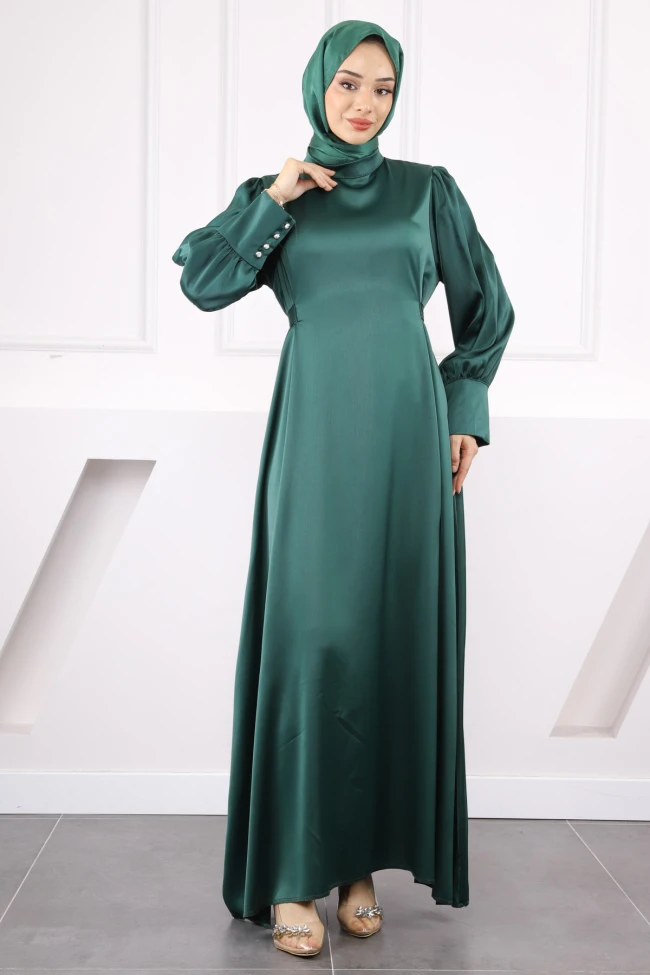 Zümrüt Yeşili Kol Düğmeli Beli Kuşaklı Saten Abiye